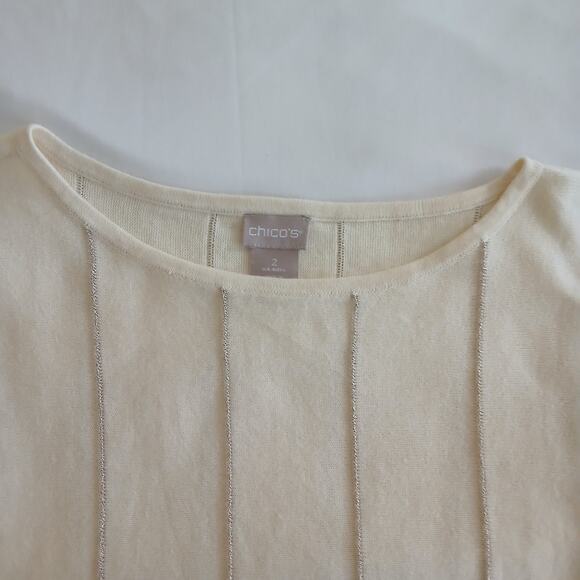 Chico’s Womens Size 2 Ivory Gold Metallic Shimmer Knit Pullover Sweater Top - Picture 4 of 12